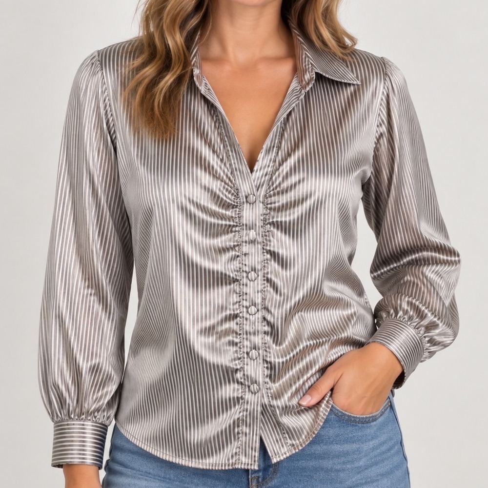 Silver Satin Corset Blouse Womens M Ruched Button Front Y2K Renaissance Romantic